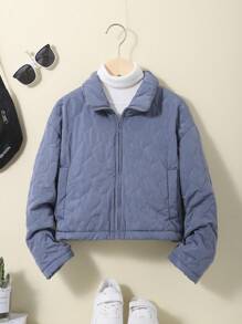 SHEIN Tween Girl 1pc Zip Up Drop Shoulder Quilted Jacket - Grey - View 1