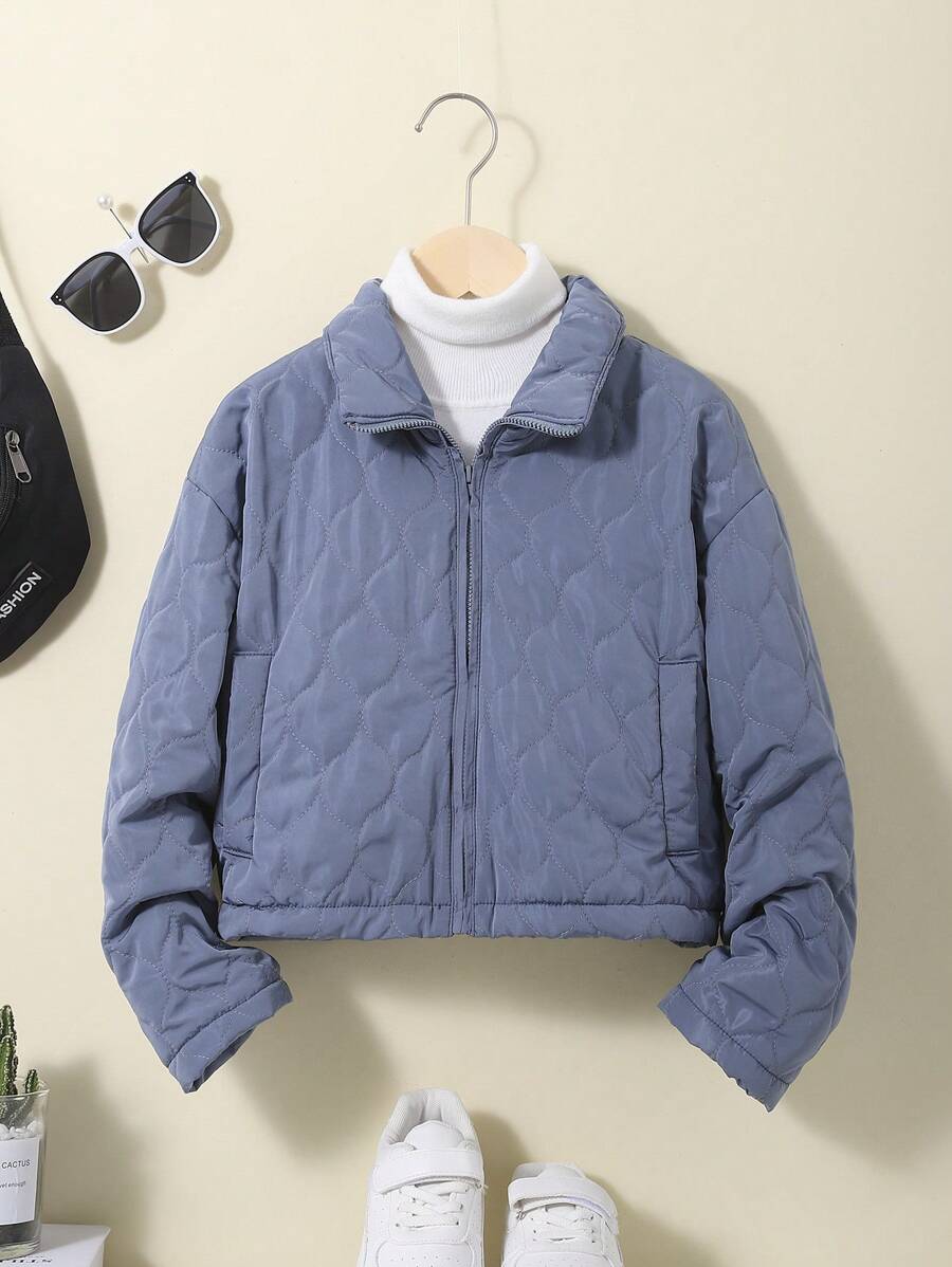 SHEIN Tween Girl 1pc Zip Up Drop Shoulder Quilted Jacket - Grey - View 1