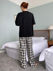 DAZY Bow Print Drop Shoulder Tee & Plaid Pants Lounge Set Pajama