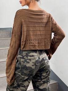 SHEIN EZwear Áo len nữ Bị tách màu trơn Giải trí - màu nâu - Xem 2