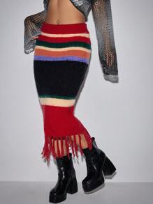 SHEIN Unity Vintage Striped Pattern Fringe Hem Contrast Color Sweater Skirt - Multicolor - View 6
