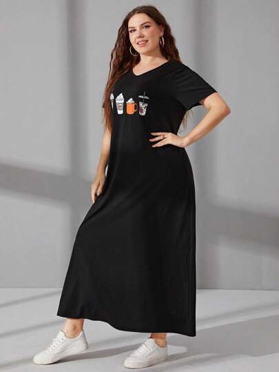 Mulvari Plus Bottle Print V Neck Tee Dress Maxi Women Outfit For Summer