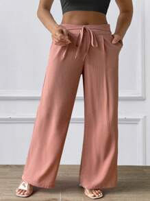 SHEIN LUNE Plus Tie Front Wide Leg Trousers - Pink - View 3