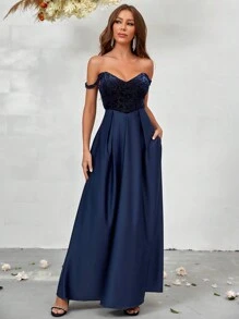 SHEIN Belle Off Shoulder Plicated Detail Bridesmaid Dress - Blue - View 1