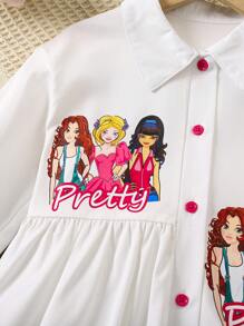 SHEIN Young Girl Figure Graphic Button Front Shirt Dress - White - View 6