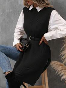 EMERY ROSE 1pc Split Hem Sweater Vest - Black - View 1
