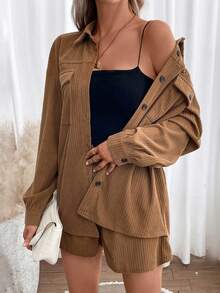 SHEIN Essnce 休閒口袋 前紐扣純色女士兩件套 - 駝色 - 查看 3