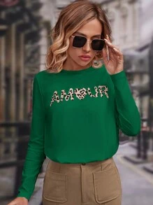SHEIN Frenchy Leopard & Letter Graphic Tee - Green - View 3