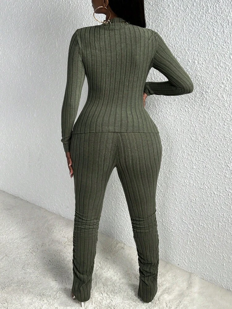 Slayr Casual Homewear High Neck Long Sleeve Cropped T-Shirt & Ribbed Wide Leg Pants Set, Olive Green