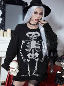 PUNK Halloween Mô hình bộ xương Thả vai Áo len - màu đen - Xem 1