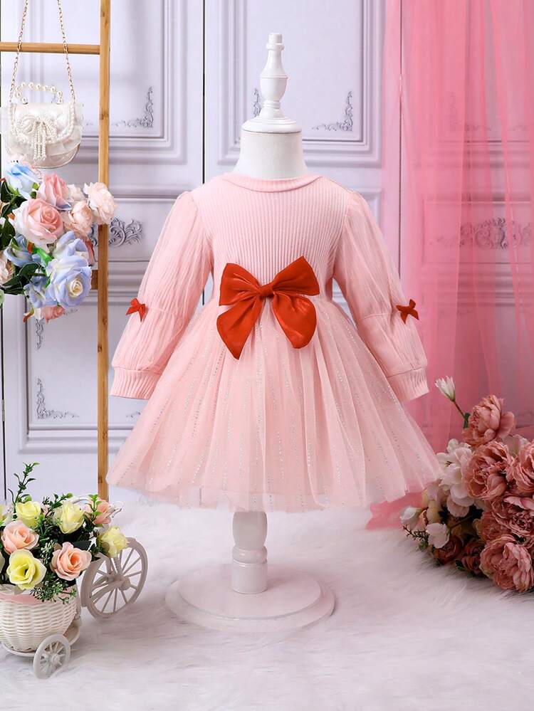 Baby Girl Bow Front Mesh Overlay Dress
