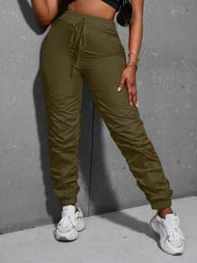 Zolique Solid Tie Waist Jogger Pants - Army Green - View 6