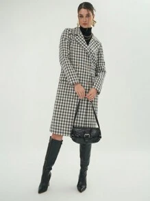 SHEIN Essnce Gingham Print Double Breasted Coat - Black and White - View 5