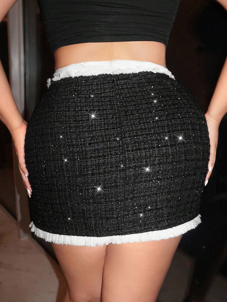 Button Front Contrast Trim Tweed Skirt