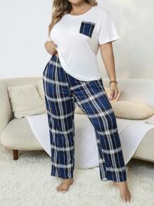 Plus Plaid Print Pocket Patched PJ Set - Multicolor - View 2