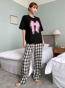 DAZY Bow Print Drop Shoulder Tee & Plaid Pants Lounge Set Pajama