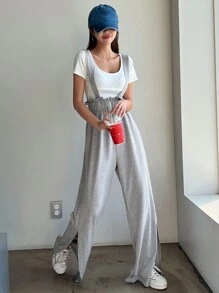 DAZY Paperbag Waist Split Hem Wide Leg Pants - Grey - View 4