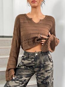 SHEIN EZwear Áo len nữ Bị tách màu trơn Giải trí - màu nâu - Xem 1