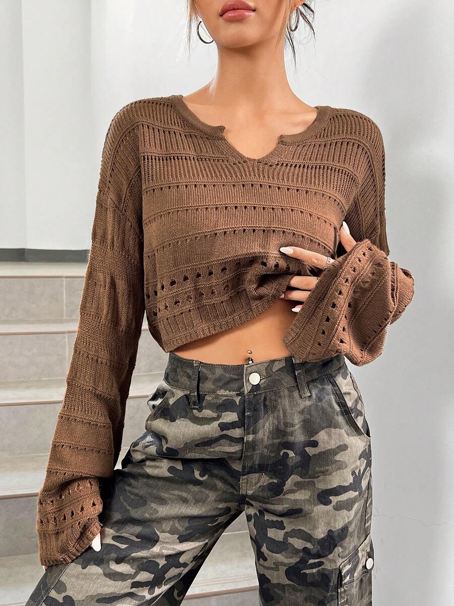 SHEIN EZwear Áo len nữ Bị tách màu trơn Giải trí - màu nâu - Xem 1