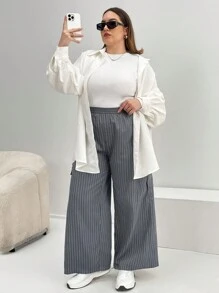 SHEIN Essnce 大碼條紋印花側翻蓋口袋闊腿褲 - 灰色 - 查看 6