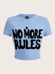 SHEIN EZwear Camiseta de manga corta ajustada con cuello redondo, bajo recortado, patrón de eslogan y letras casual, apta para el verano - Celeste - Ver 1