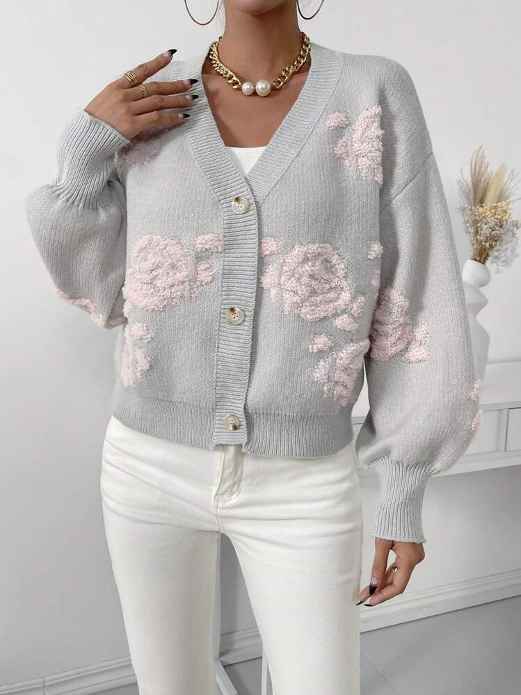 Chiquease Cárdigan con patrón floral de hombros caídos - Gris - Ver 5