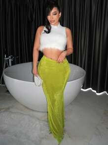 SHEIN SXY 夏季纯色美人鱼下摆半身裙 - 綠色 - 查看 6