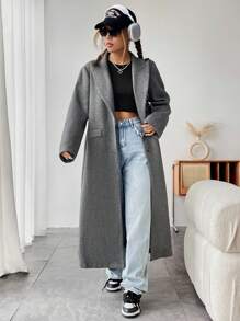 SHEIN Unity Cổ áo không bâu Nút đôi Kiểu Dài Áo khoác - Màu xám đen - Xem 4