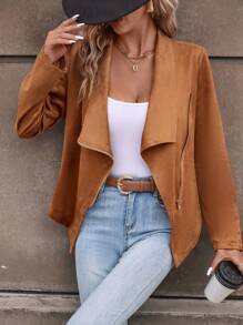 SHEIN Clasi Waterfall Collar Zip Front Jacket - Khaki - View 3