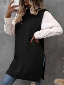 EMERY ROSE 1pc Split Hem Sweater Vest - Black - View 3