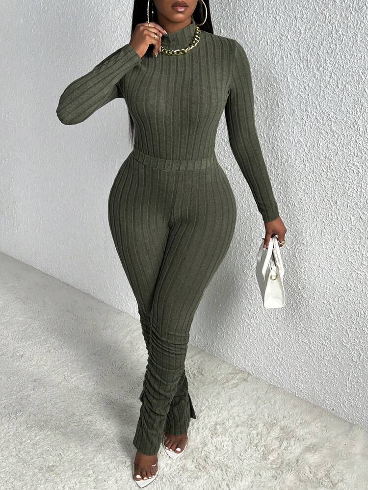 Slayr Casual Homewear High Neck Long Sleeve Cropped T-Shirt & Ribbed Wide Leg Pants Set, Olive Green