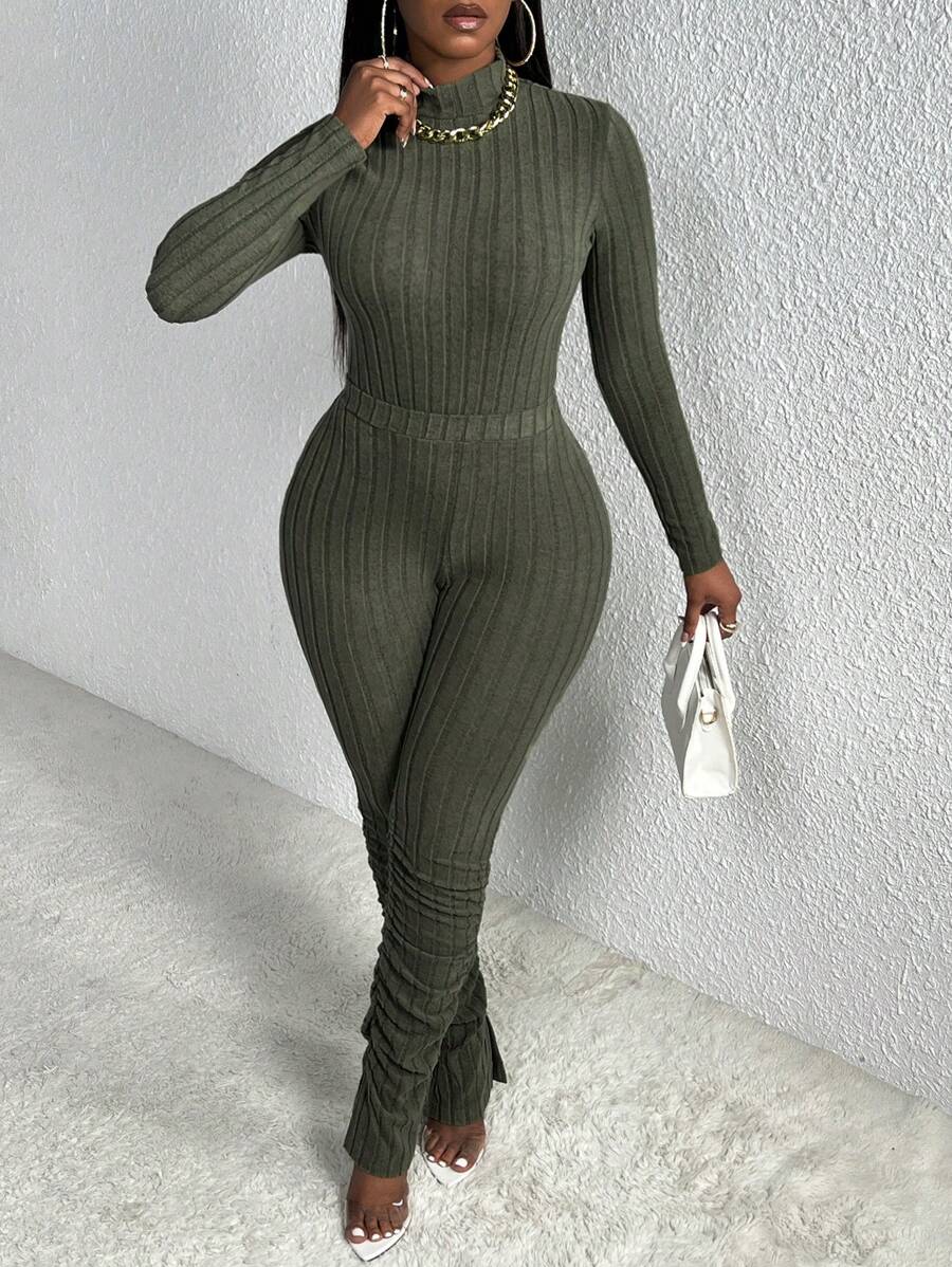 Slaydiva Slayr 休闲家居服高领长袖短款 T 恤和罗纹阔腿裤套装，橄榄绿 - 軍綠色 - 查看 1