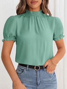 SHEIN Privé Frill Trim Puff Sleeve Blouse - Green - View 1