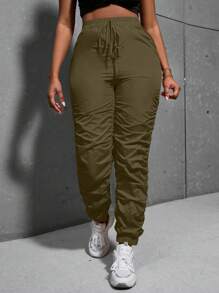 Zolique Solid Tie Waist Jogger Pants - Army Green - View 1
