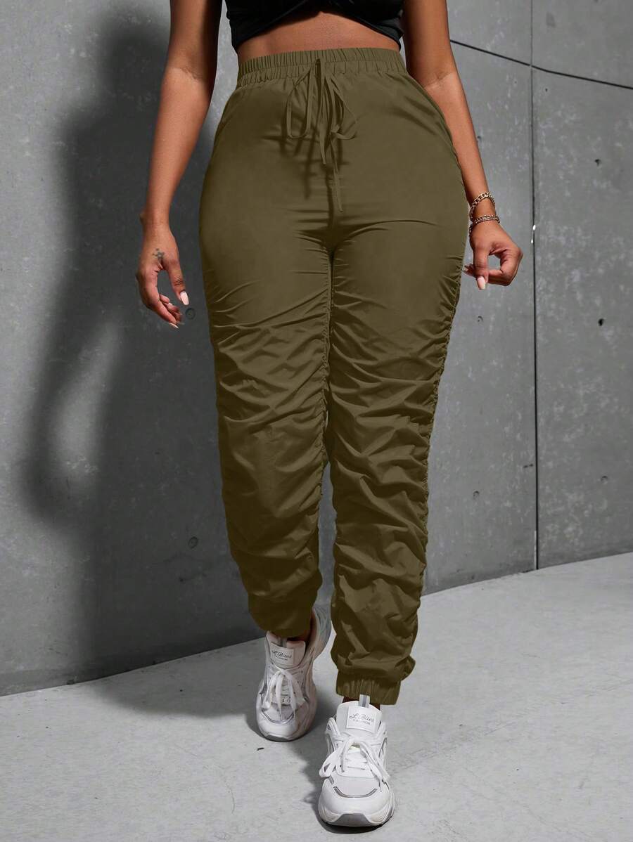 Zolique Solid Tie Waist Jogger Pants - Army Green - View 1