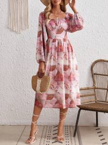 SHEIN VCAY Allover Print Square Neck Lantern Sleeve Ruched Bust Dress