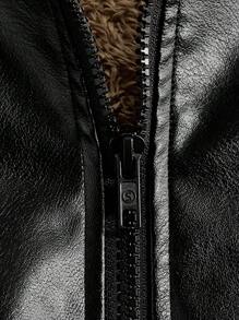 Manfinity VCAY Áo khoác da PU lót gấu Teddy cỡ lớn có mũ trùm đầu, khóa kéo, phong cách Grunge - màu đen - Xem 3