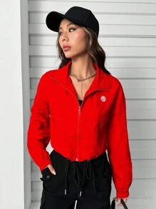 SHEIN Unity 字母補丁細節拉鏈開襟落肩袖夾克 - 紅色 - 查看 6