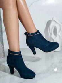 复古法式麂皮短靴，休闲通勤优雅粗跟高跟靴，适合派对和约会，秋冬季