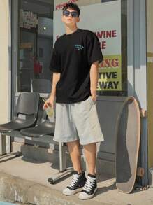 DAZY 男士纯棉字母和棕榈树印花落肩T恤，度假图案T恤 - 黑色 - 查看 3