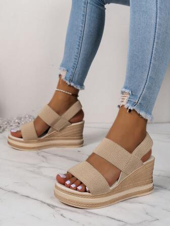 女士極簡編織坡跟涼鞋,度假夏天涼鞋