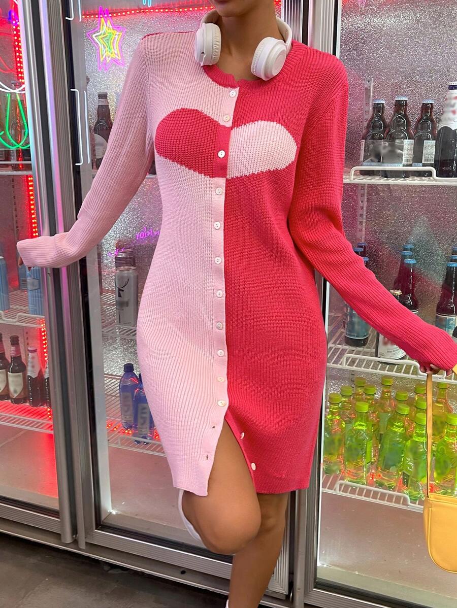 SHEIN Unity 雙色前排扣毛衣洋裝 - 粉色 - 查看 1