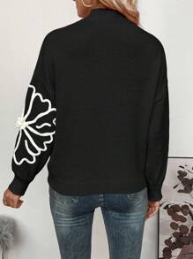 EMERY ROSE 花卉图案高领落肩针织套头衫秋冬毛衣 - 黑色 - 查看 2