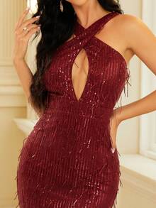 Missord Split Thigh Sequin Formal Dress - Burgundy - View 5