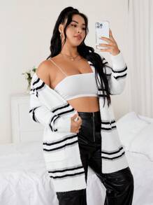 SHEIN Clasi Plus Size Striped Pattern Cardigan - Black and White - View 4