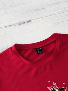 SHEIN LUNE Christmas Elk & Slogan Graphic Tee - Red - View 3