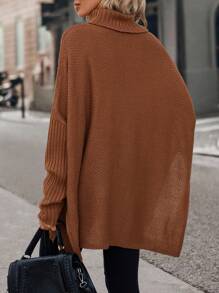 SHEIN Clasi 高領蝙蝠袖下擺開叉套頭毛衣 - 摩卡棕 - 查看 2