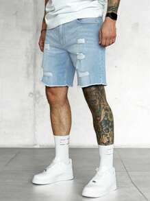 Men Ripped Frayed Raw Hem Denim Shorts Jorts