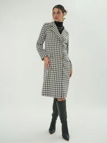 SHEIN Essnce Gingham Print Double Breasted Coat - Black and White - View 6