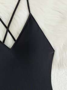 Solid Criss Cross One Piece Swimsuit - Black - View 4